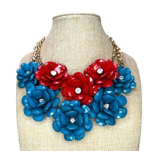Chunky Red & Blue Floral Statement Necklace With Gold-Tone Chain And Crystal
